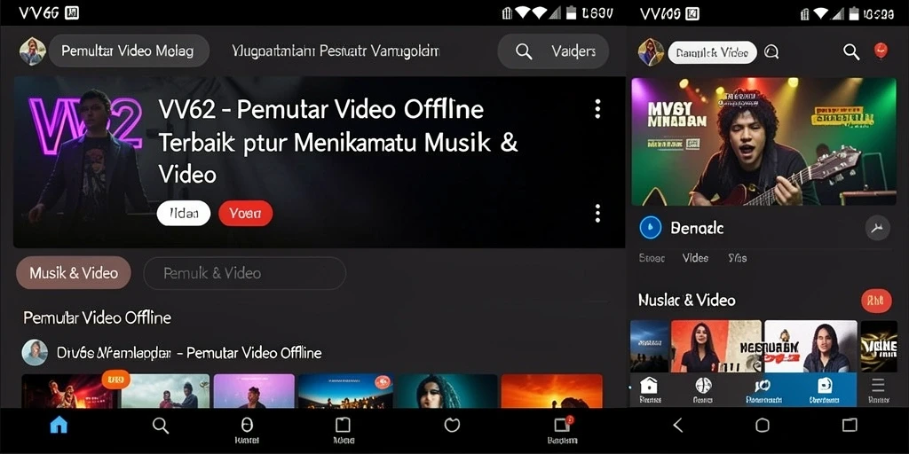 Antarmuka aplikasi VV62 yang memudahkan pemutaran video offline.